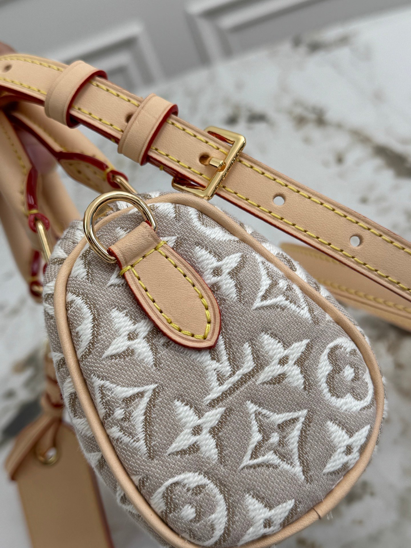 LOUIS VUITTON Nano Speedy 白楊木色 Monogram Emblème 提花迷你枕頭包:圖片 6