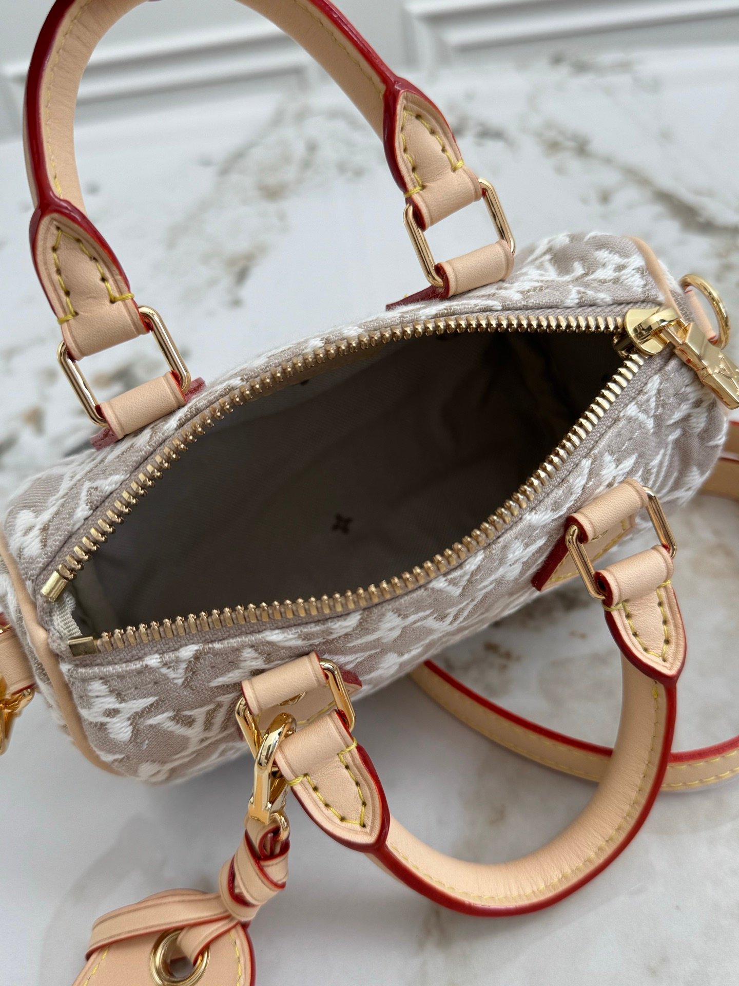 LOUIS VUITTON Nano Speedy 白楊木色 Monogram Emblème 提花迷你枕頭包:圖片 8