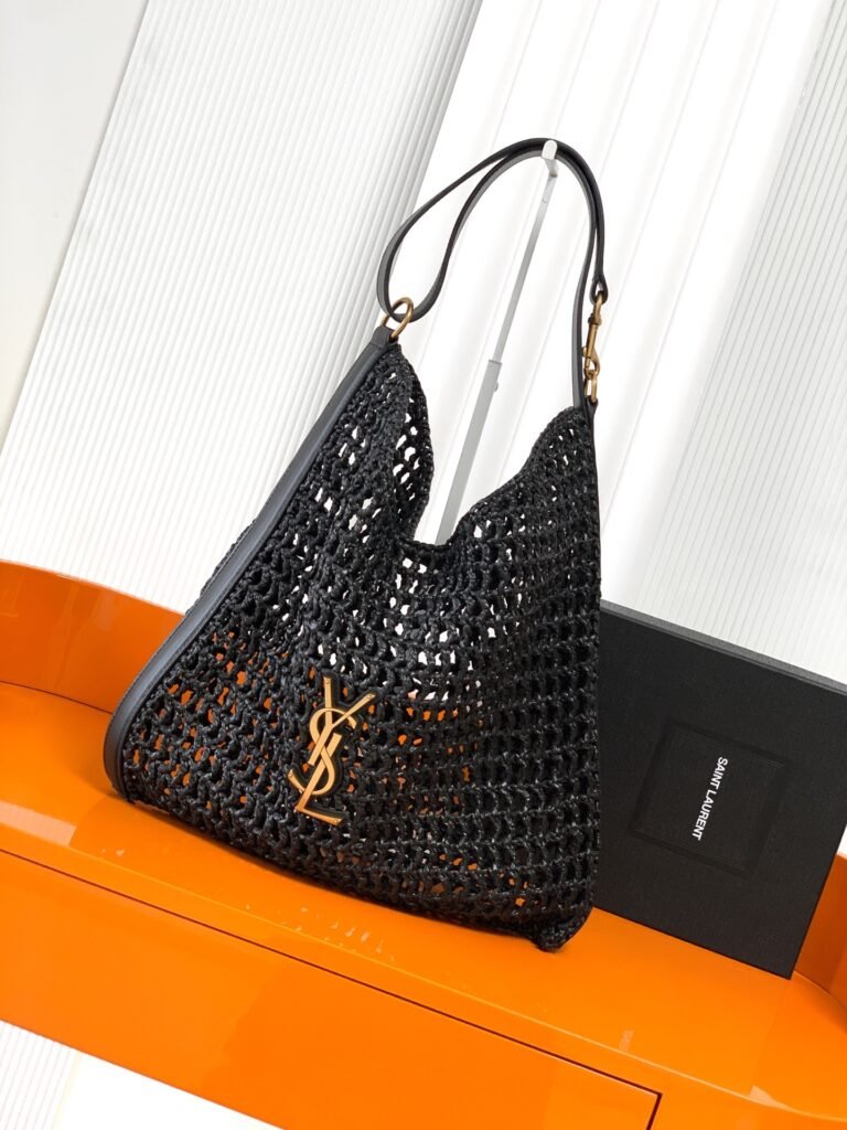 SAINT LAURENT Oxalis 草編肩背包 黑色