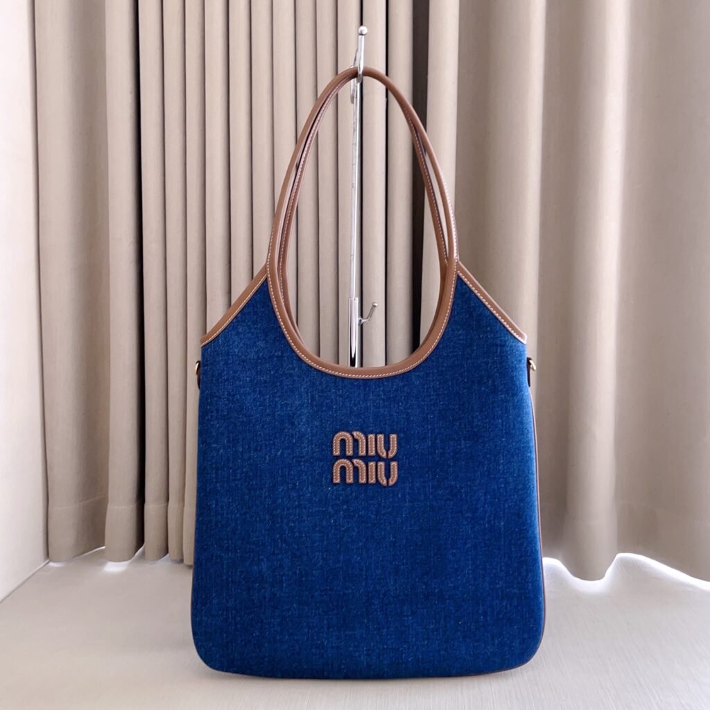 MIU MIU Ivy 牛仔布拼棕皮托特包