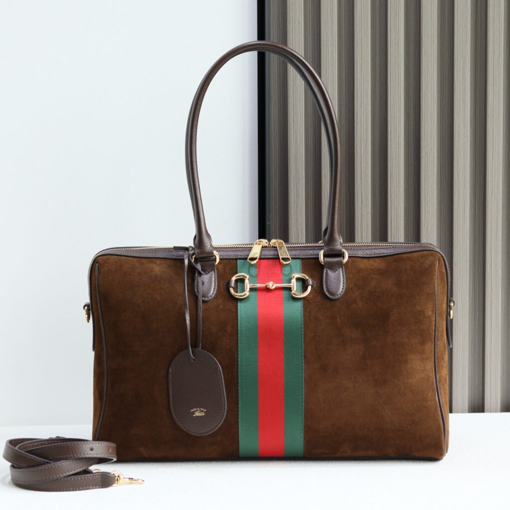 GUCCI Borsetto Large 深棕麂皮馬銜扣波士頓包