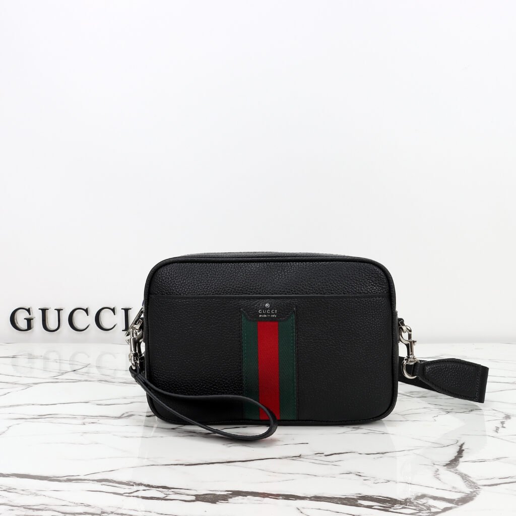 GUCCI Web Trademark 黑色牛皮小號相機包