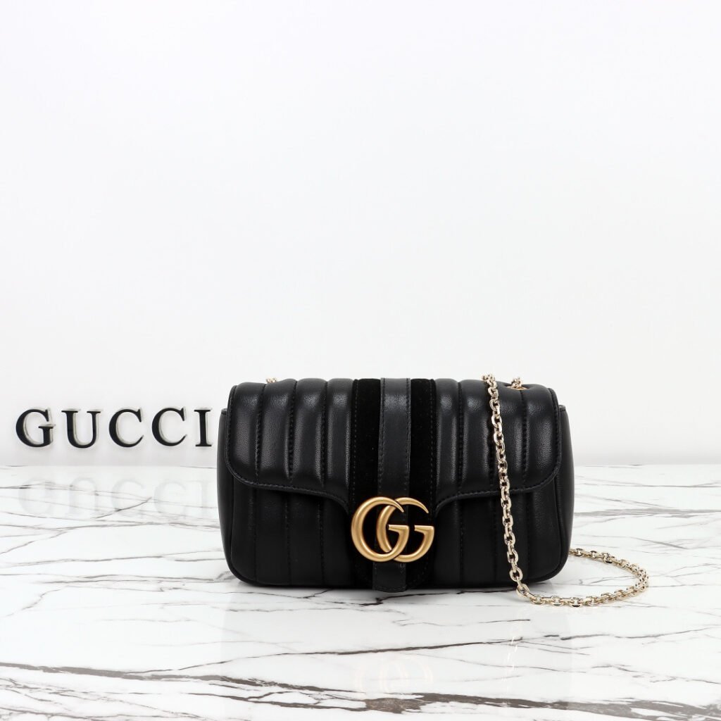 GUCCI Jetset GG Marmont 小號黑色豎絎縫鏈條肩背包