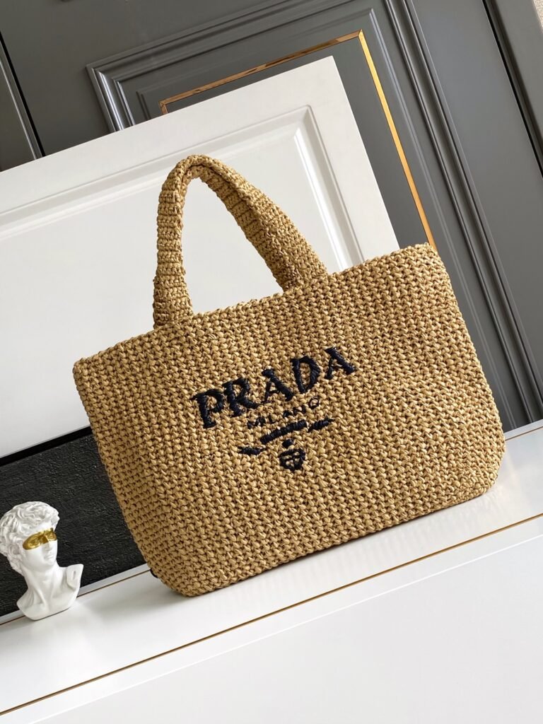 PRADA 拉菲草鉤織托特包 小麥色